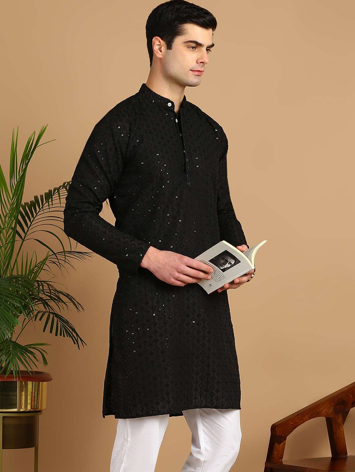 men solid with work mandarin neck long kurta - 22027133 -  Standard Image - 1