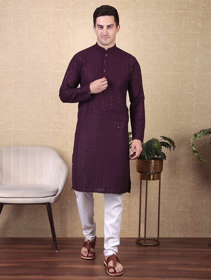men solid with work mandarin neck long kurta - 22027134 -  Standard Image - 1