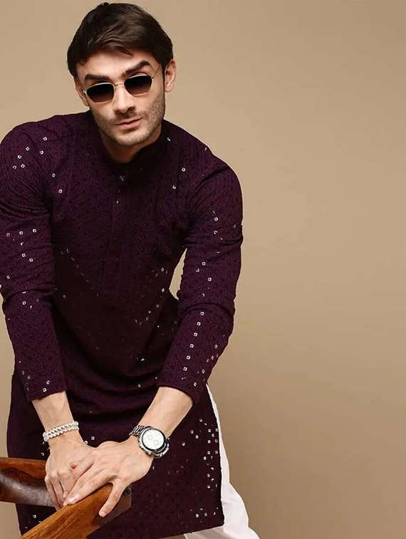 men solid with work mandarin neck long kurta