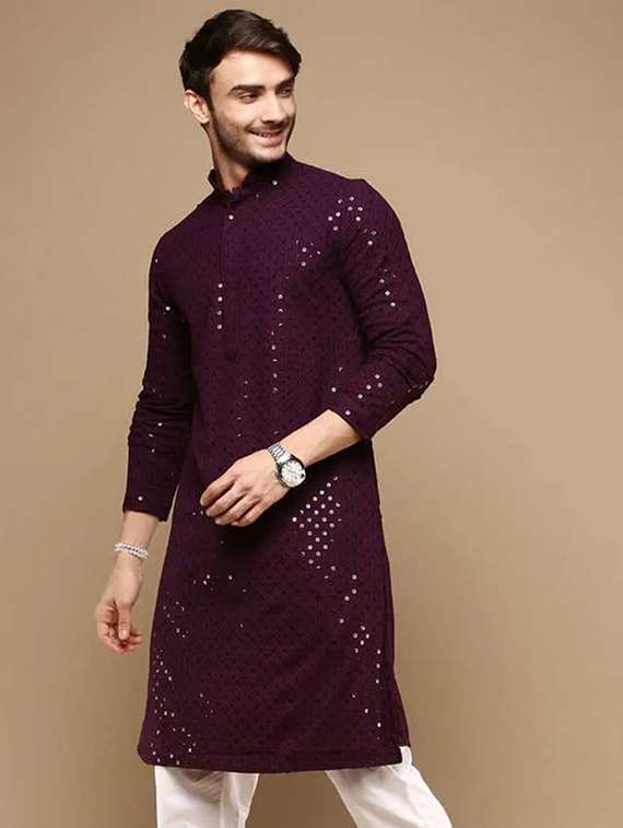 men solid with work mandarin neck long kurta - 22027136 -  Standard Image - 1
