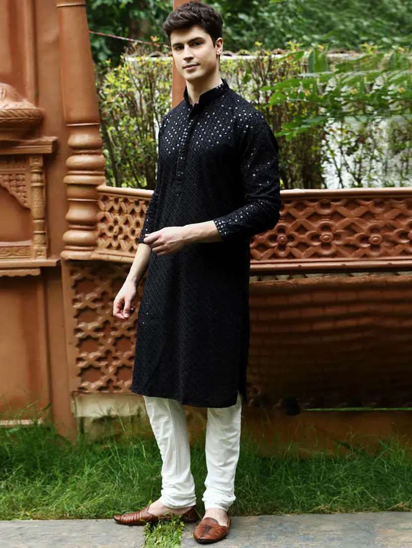 men solid with work mandarin neck long kurta - 22027137 -  Standard Image - 1