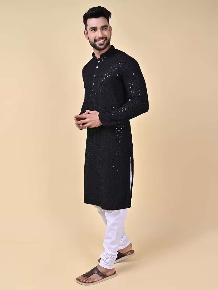 men solid with work mandarin neck long kurta - 22027138 -  Standard Image - 1