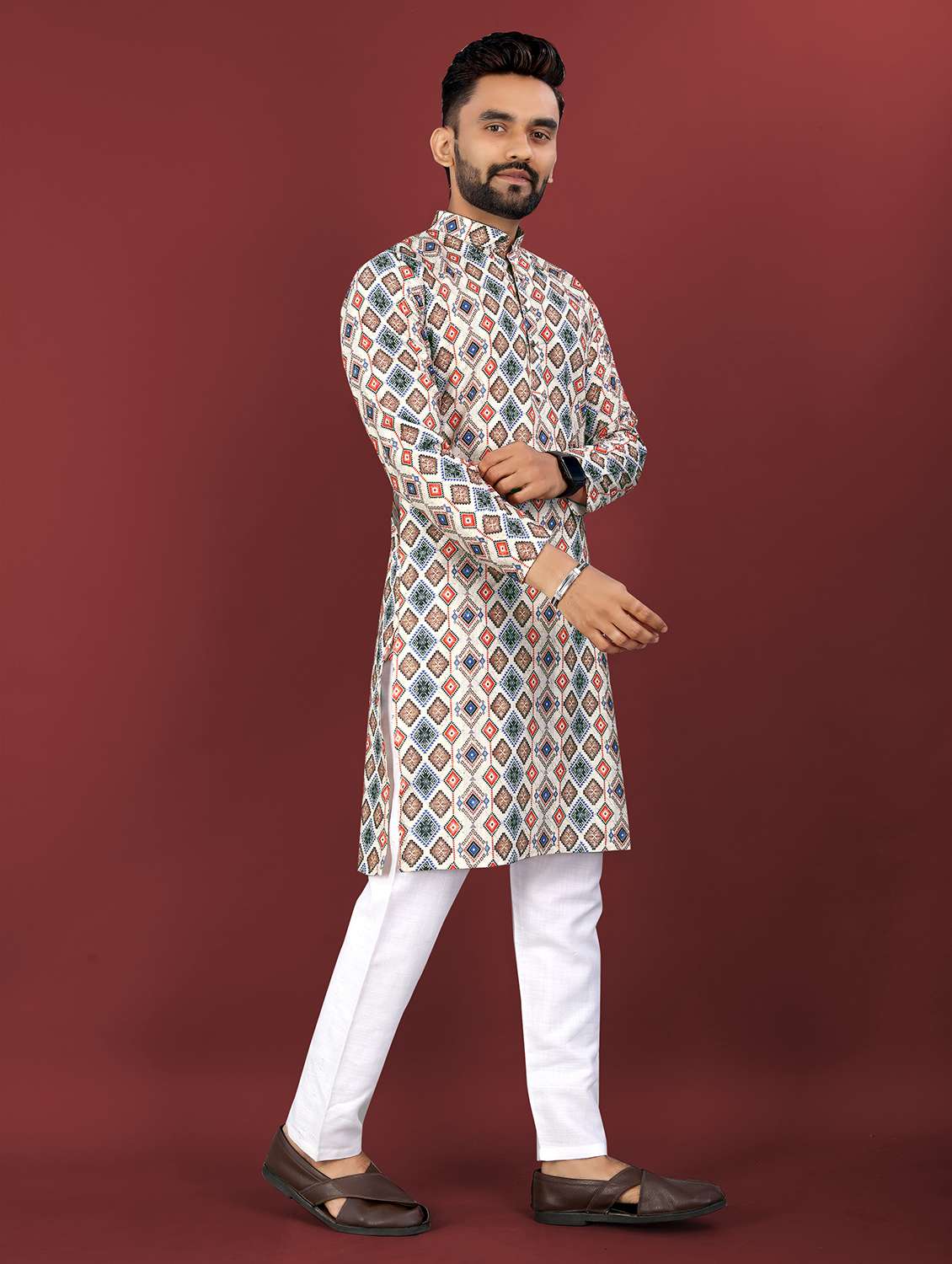 men printed mandarin neck long kurta - 22027139 -  Standard Image - 1