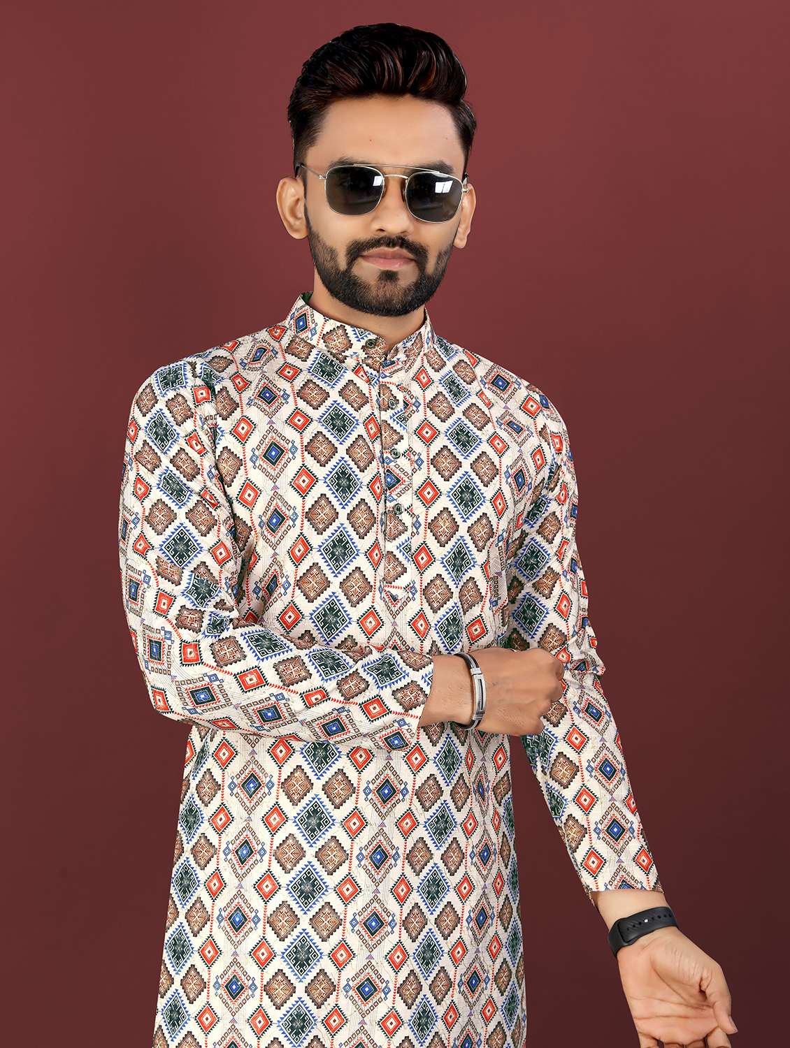 men printed mandarin neck long kurta - 22027139 -  Standard Image - 4