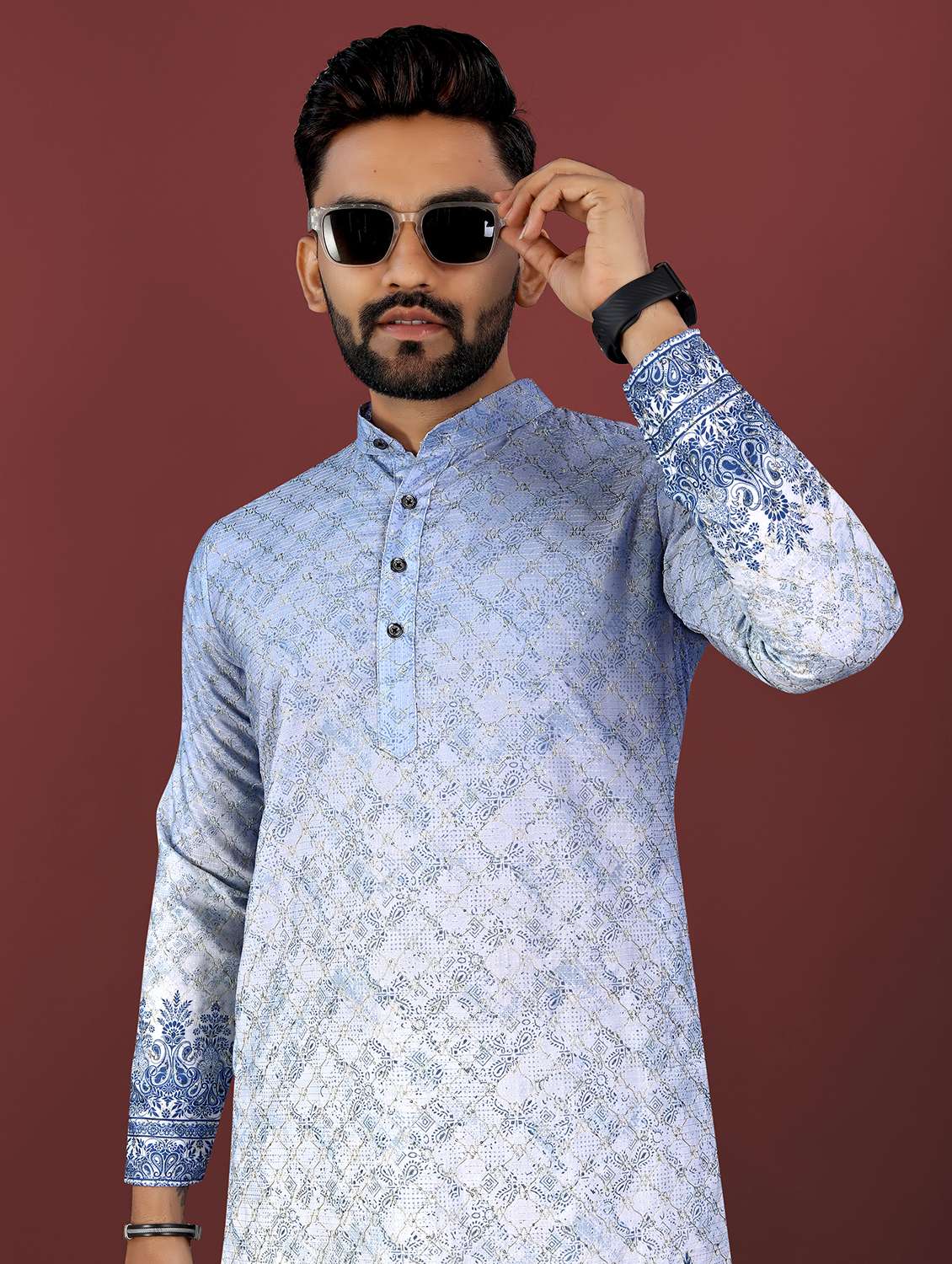 men printed mandarin neck long kurta - 22027141 -  Standard Image - 1
