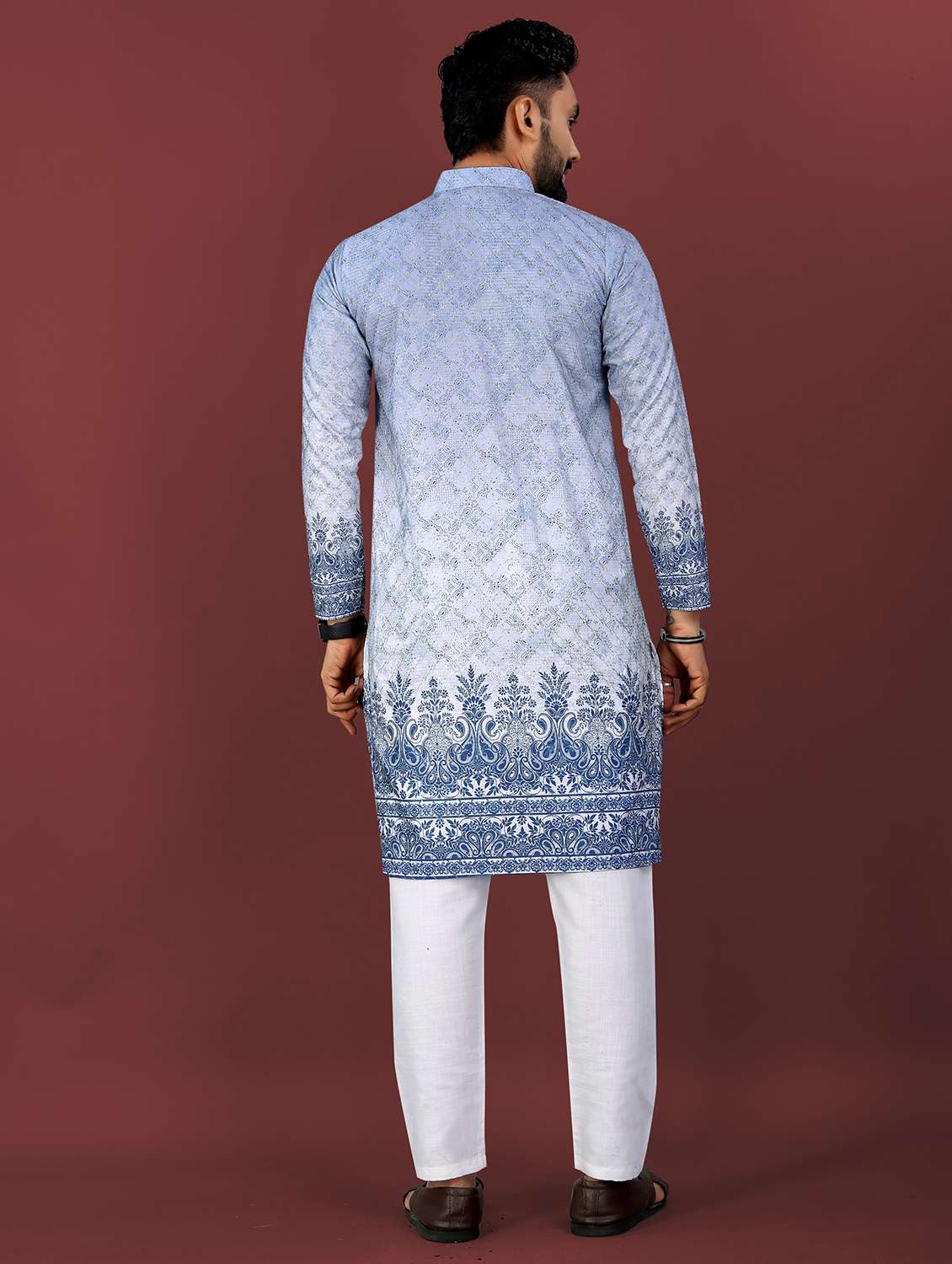 men printed mandarin neck long kurta - 22027141 - Standard Image - 4
