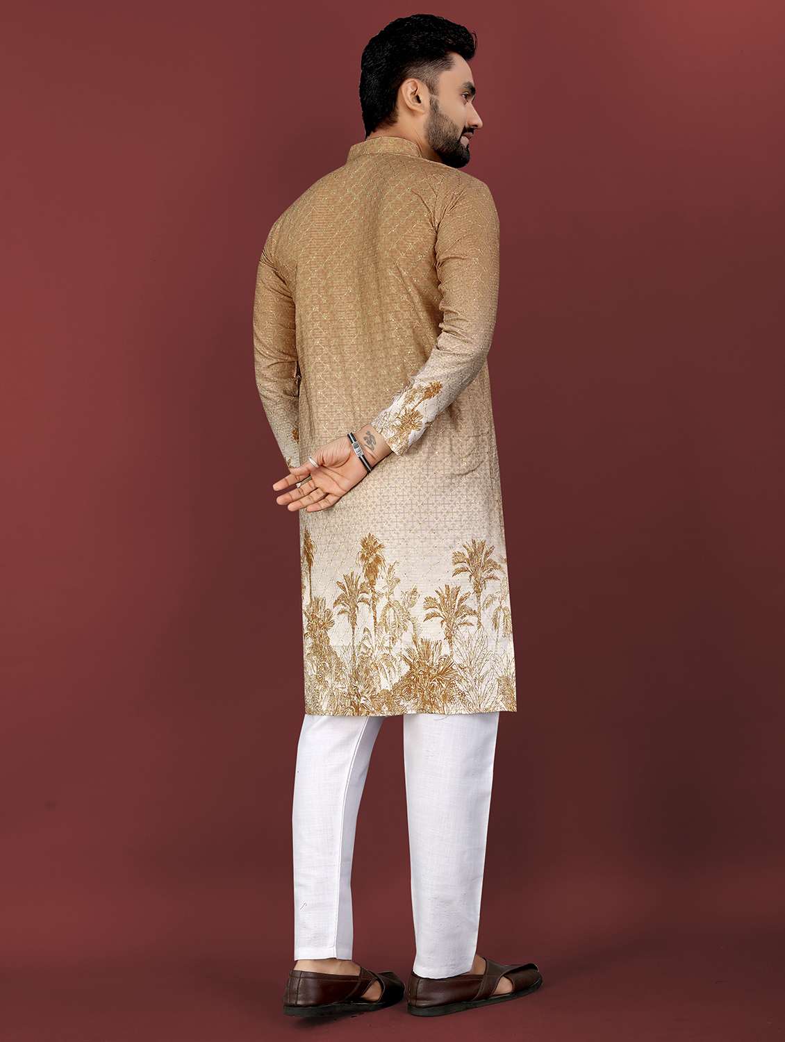 men printed mandarin neck long kurta - 22027142 - Standard Image - 4