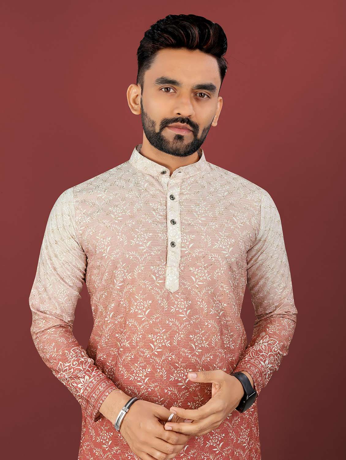 men printed mandarin neck long kurta - 22027143 -  Standard Image - 1