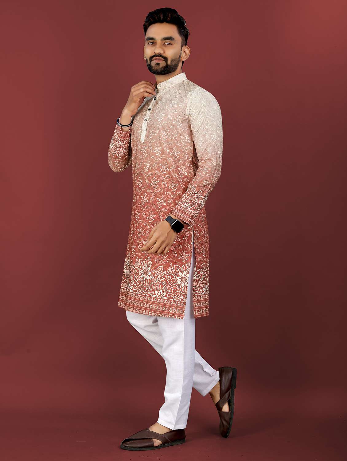 men printed mandarin neck long kurta - 22027143 - Standard Image - 4
