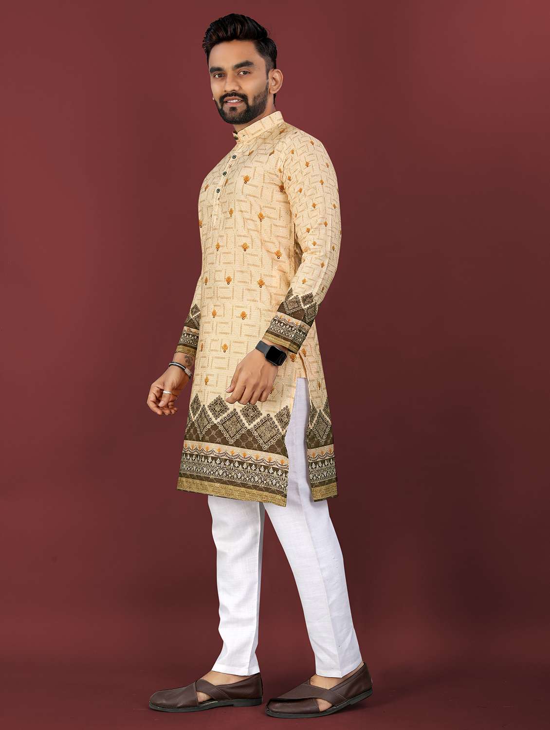 men printed mandarin neck long kurta - 22027144 - Standard Image - 4