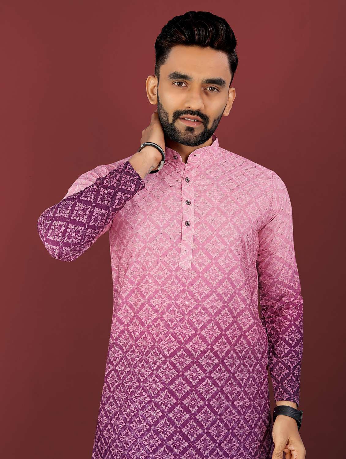 men ombre printed mandarin neck long kurta - 22027146 -  Standard Image - 1