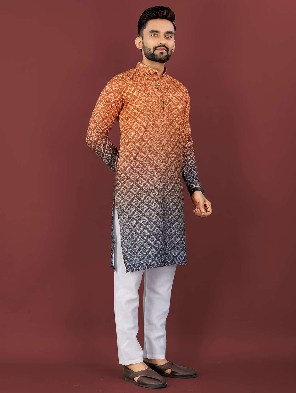 men ombre printed mandarin neck long kurta - 22027147 - Standard Image - 4