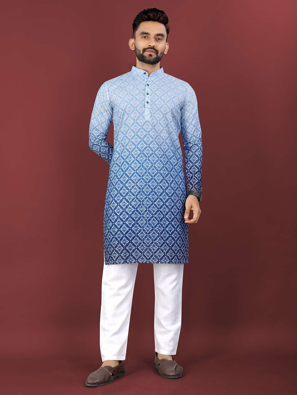 men ombre printed mandarin neck long kurta - 22027148 -  Standard Image - 1