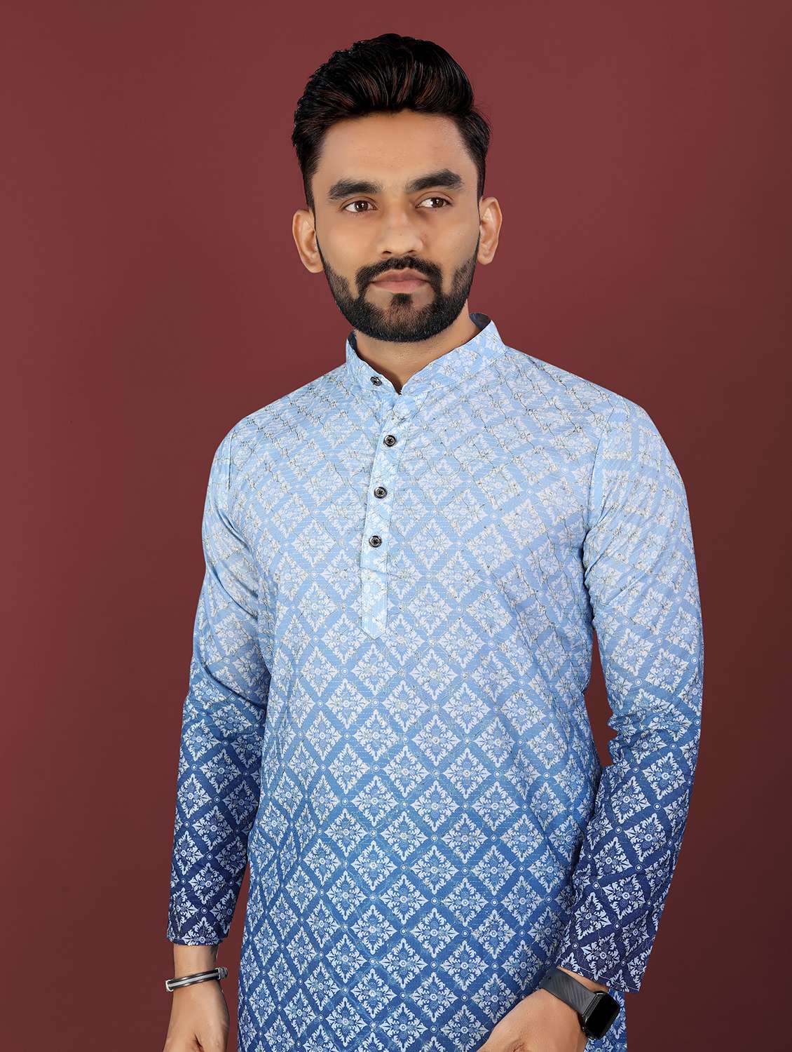 men ombre printed mandarin neck long kurta - 22027148 -  Standard Image - 4