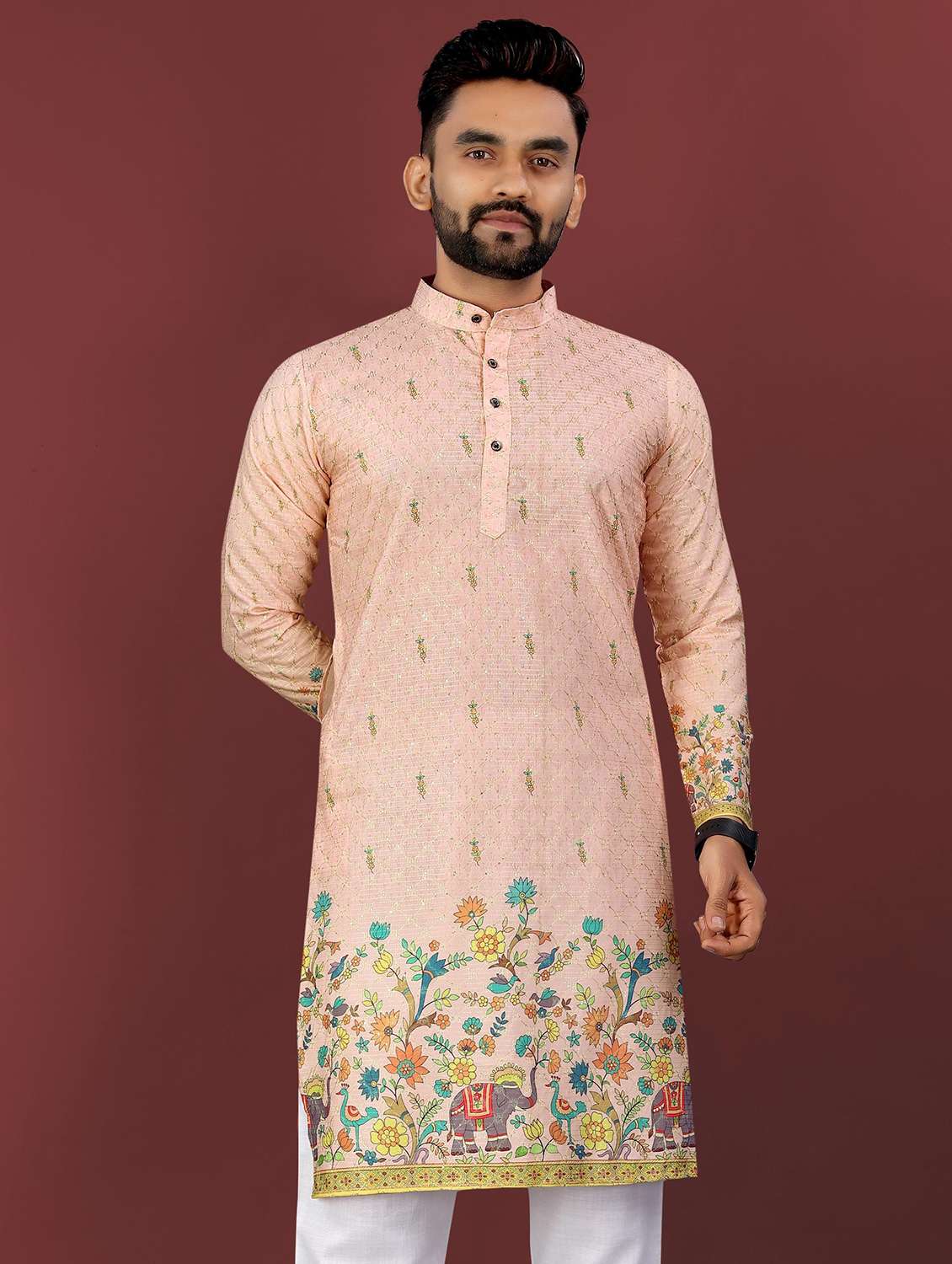 men printed mandarin neck long kurta - 22027149 -  Standard Image - 1