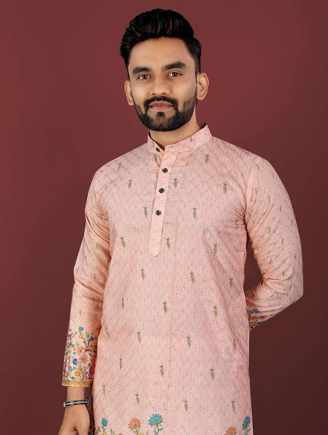 men printed mandarin neck long kurta - 22027149 - Standard Image - 4