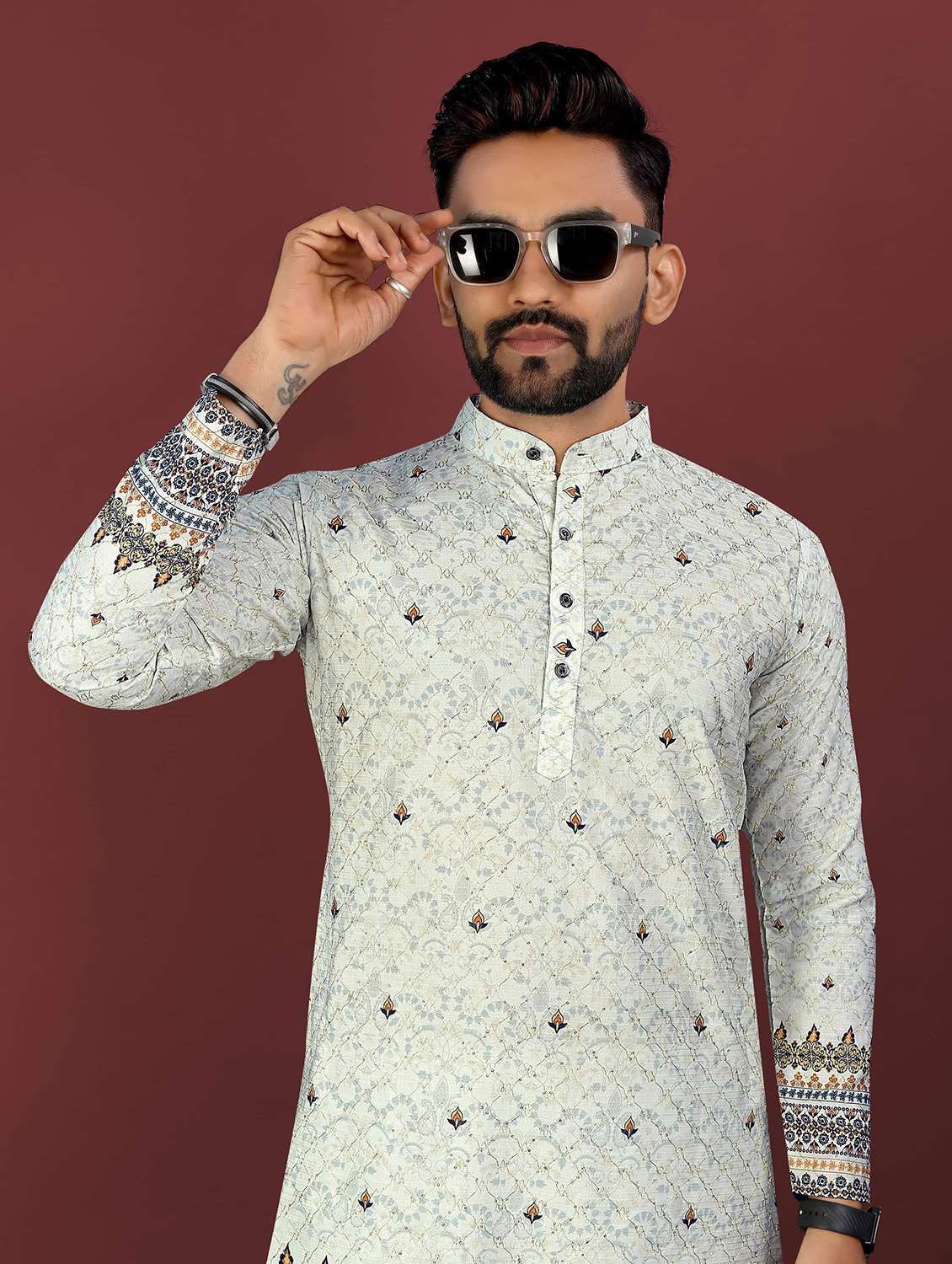men printed mandarin neck long kurta - 22027151 -  Standard Image - 1