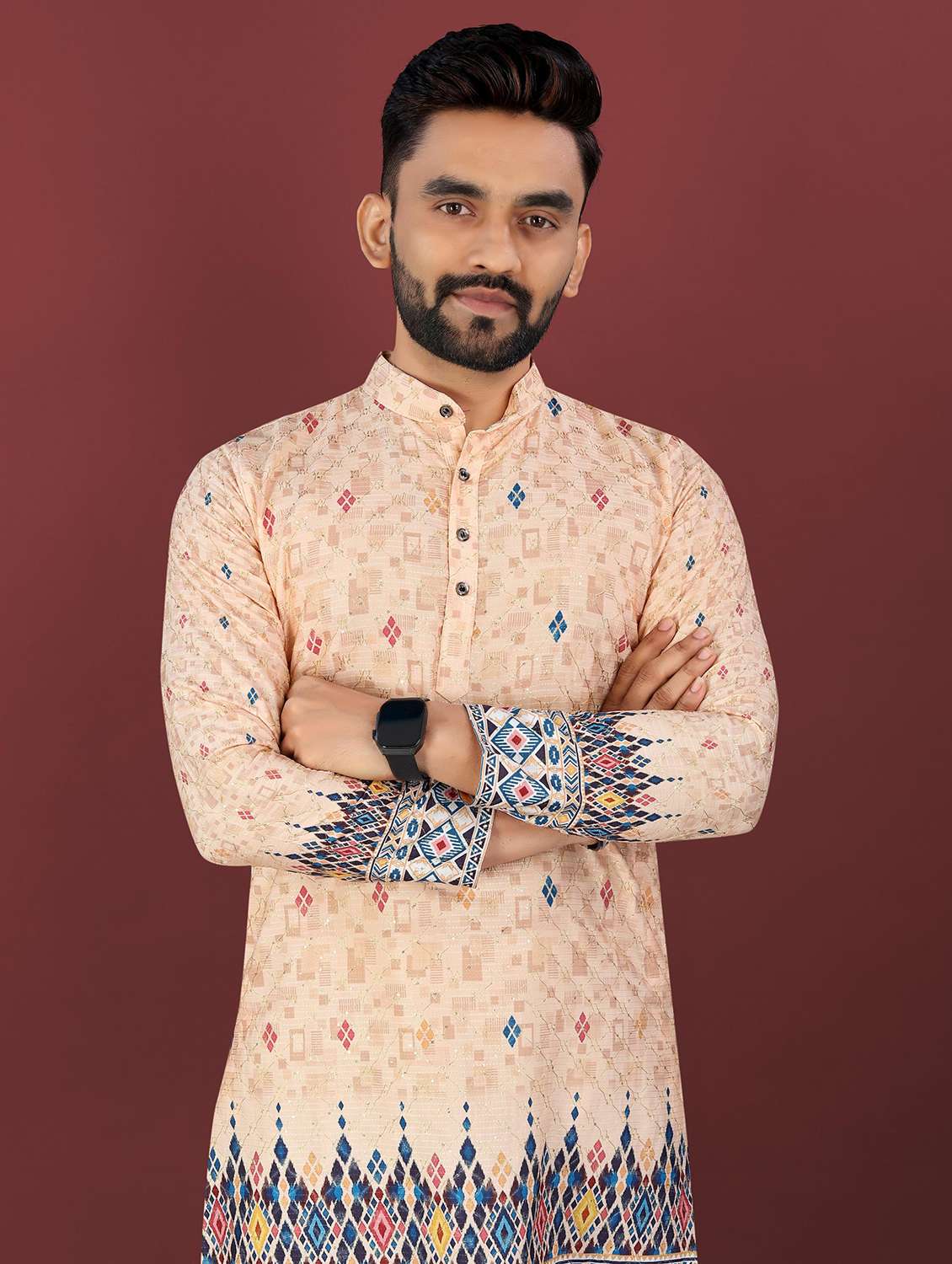 men printed mandarin neck long kurta - 22027152 - Standard Image - 1