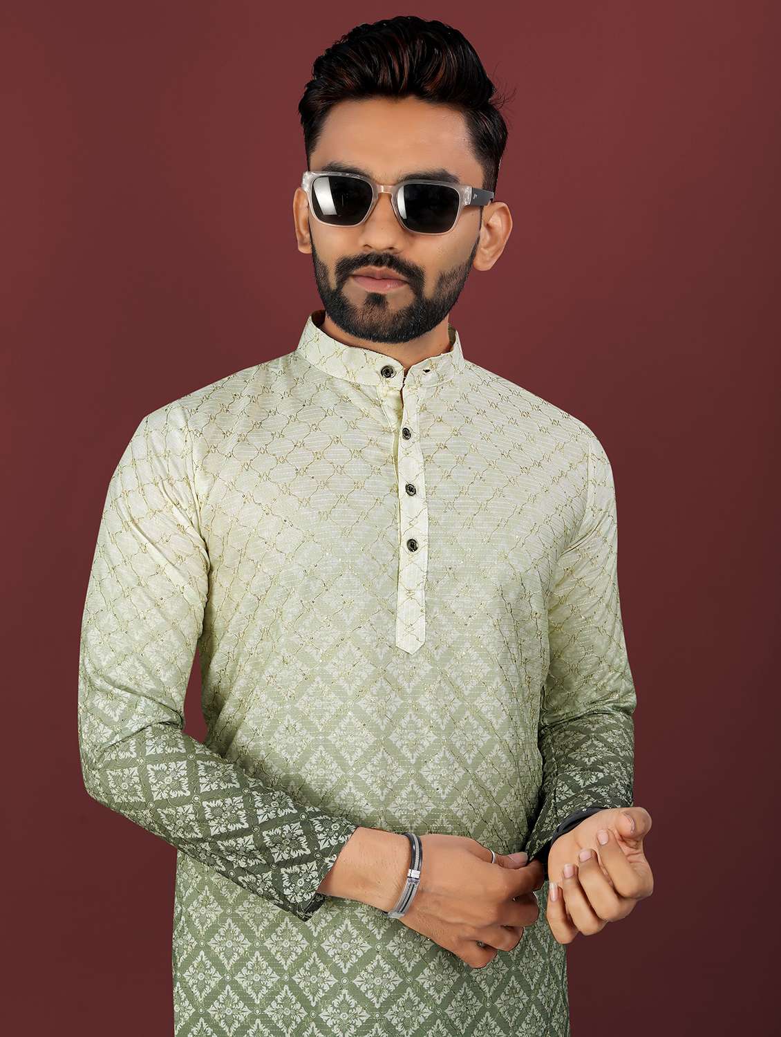 men ombre printed mandarin neck long kurta - 22027153 -  Standard Image - 1