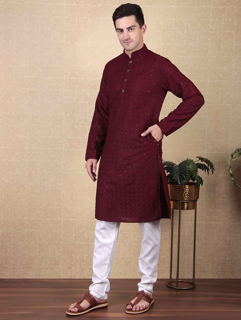 men solid with work mandarin neck long kurta - 22027154 -  Standard Image - 1