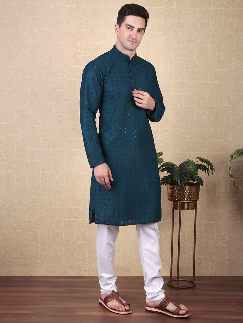 men solid with work mandarin neck long kurta - 22027155 -  Standard Image - 1