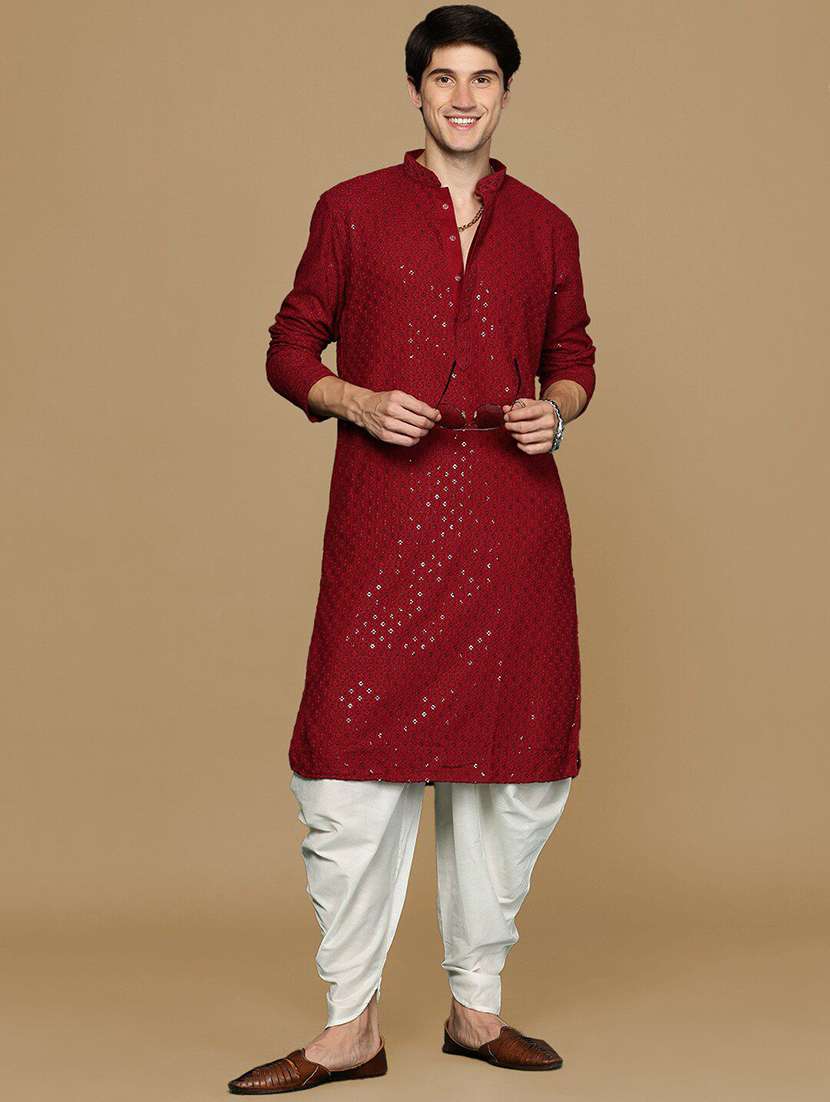 men solid with work mandarin neck long kurta