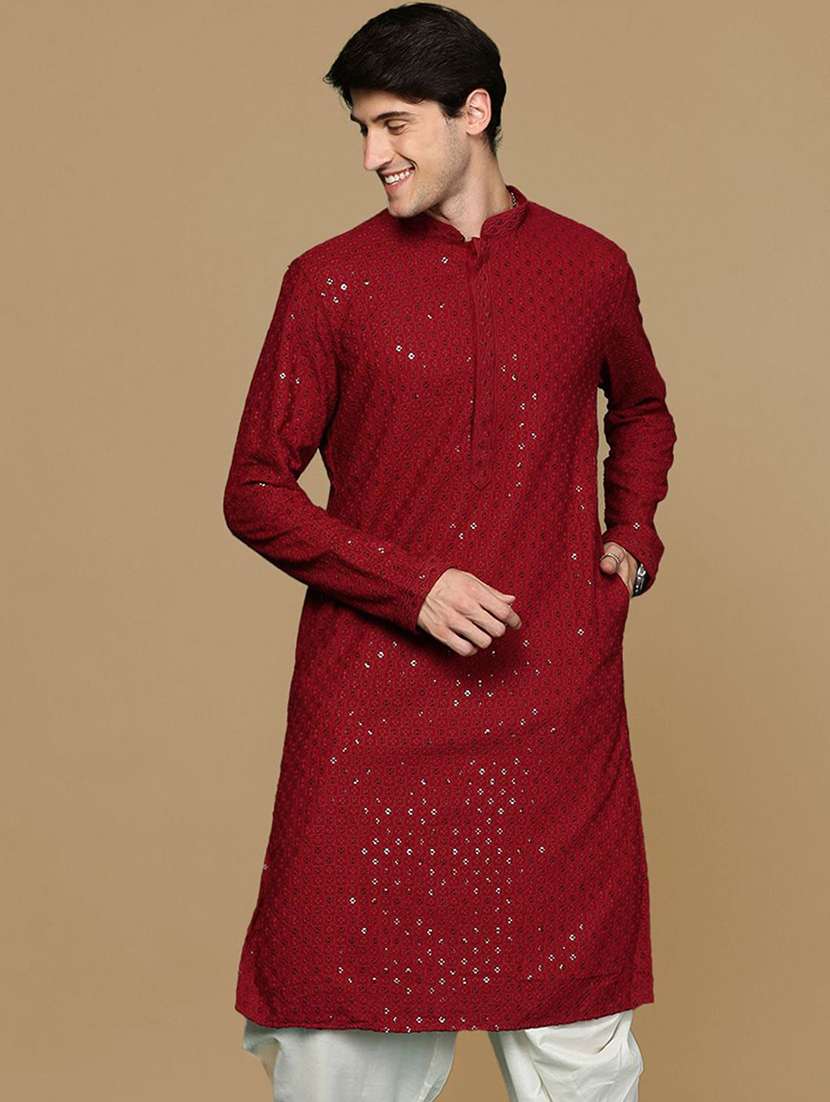 men solid with work mandarin neck long kurta - 22027156 -  Standard Image - 1
