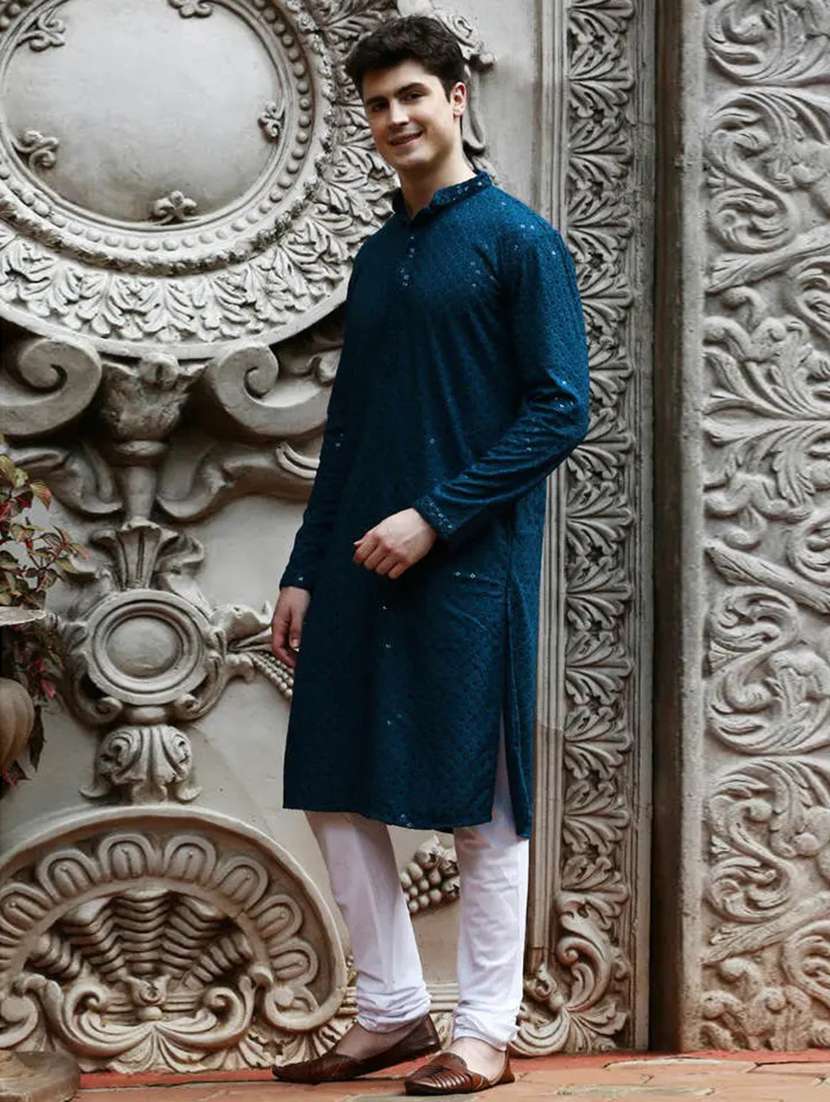 men solid with work mandarin neck long kurta - 22027157 -  Standard Image - 1