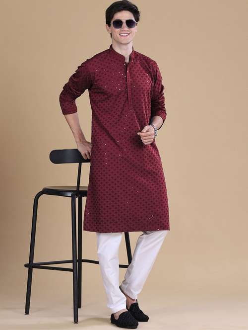 men solid with work mandarin neck long kurta - 22027158 -  Standard Image - 0