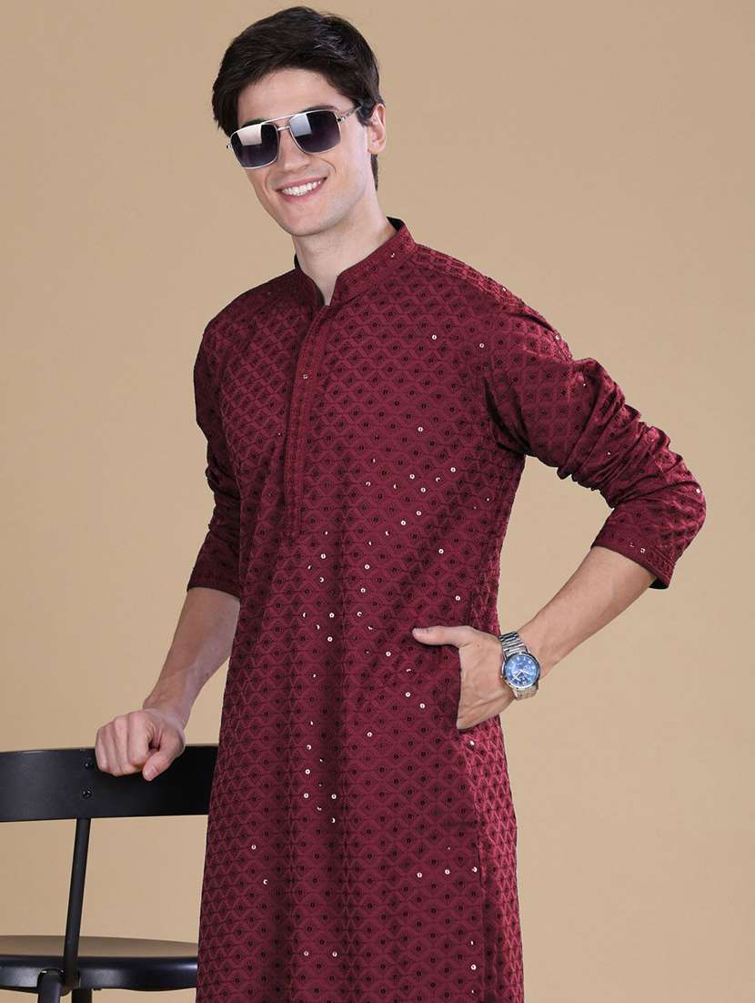 men solid with work mandarin neck long kurta - 22027158 -  Standard Image - 1