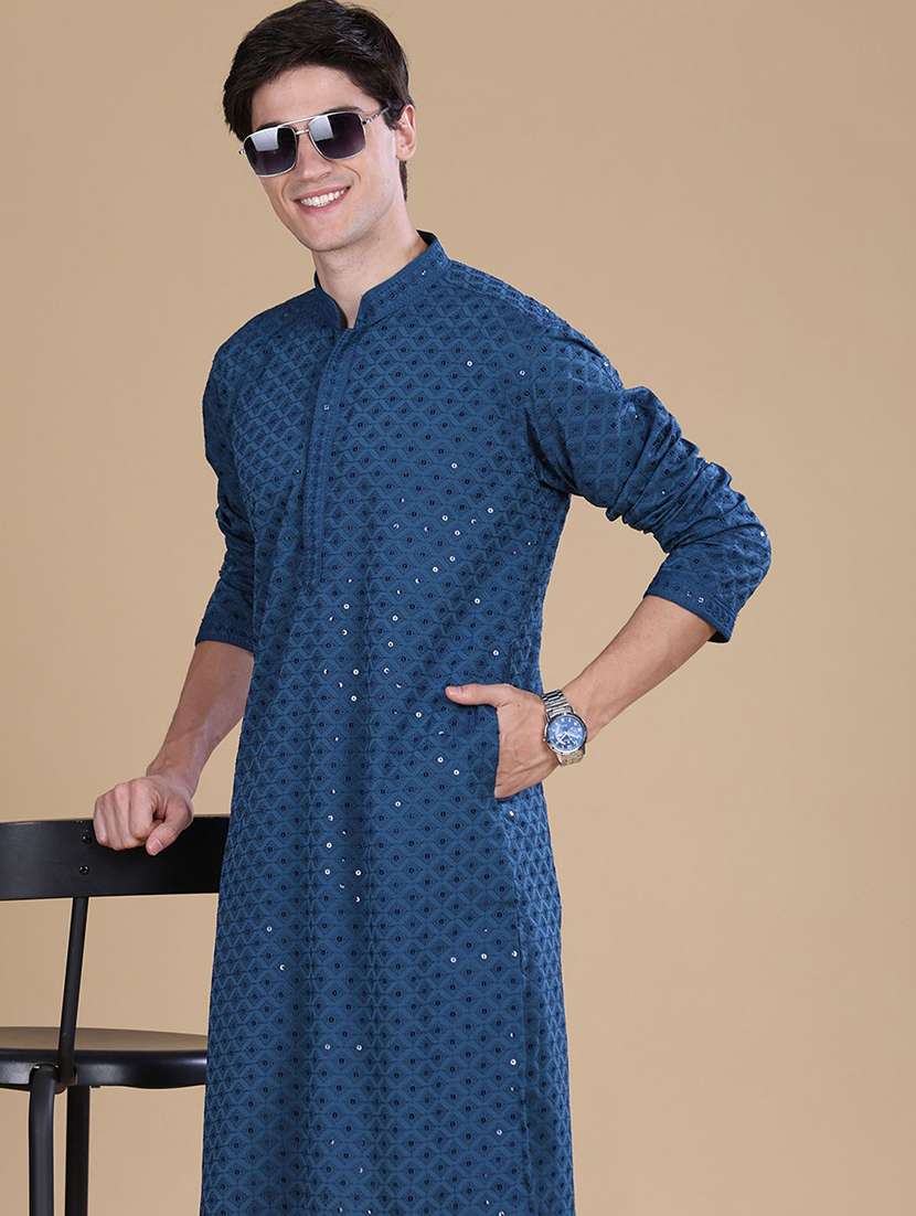 men solid with work mandarin neck long kurta - 22027159 -  Standard Image - 1