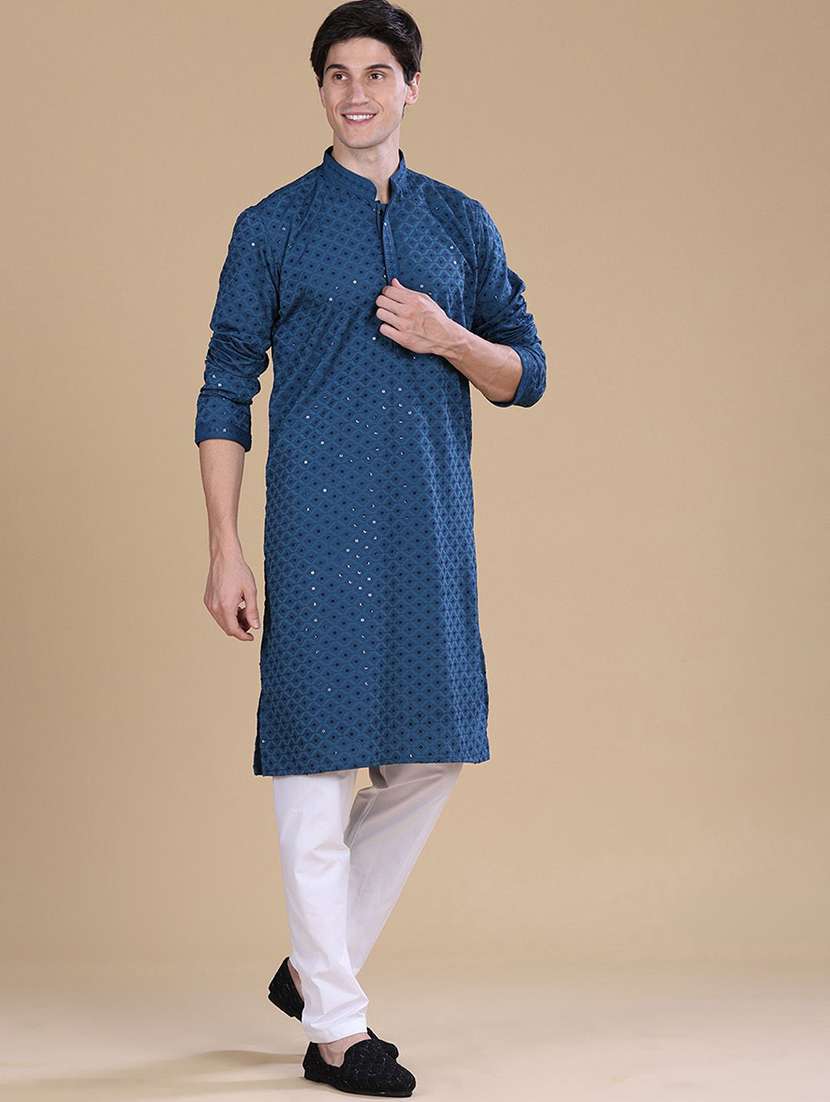 men solid with work mandarin neck long kurta - 22027159 - Standard Image - 4