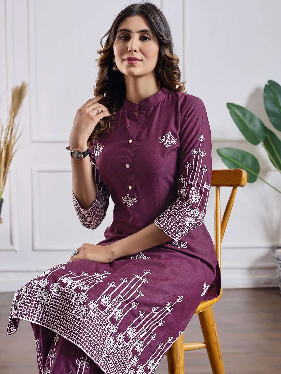 women embroidered three quarter sleeve kurta pant set - 22027380 -  Standard Image - 1