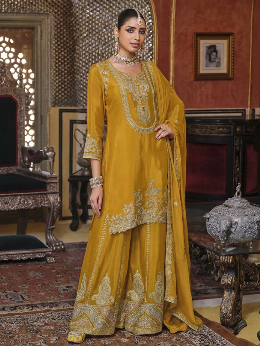 women embroidered three quarter sleeve kurta sharara with dupatta set