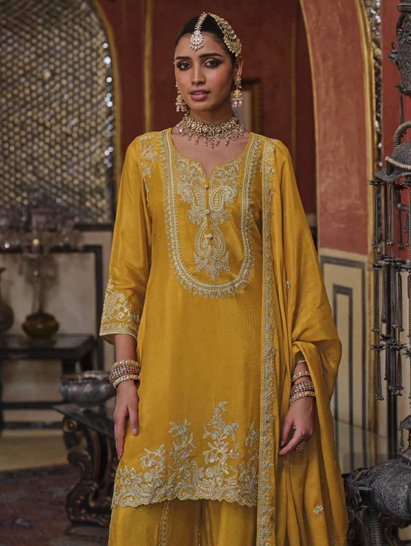 women embroidered three quarter sleeve kurta sharara with dupatta set - 22027408 - Standard Image - 1
