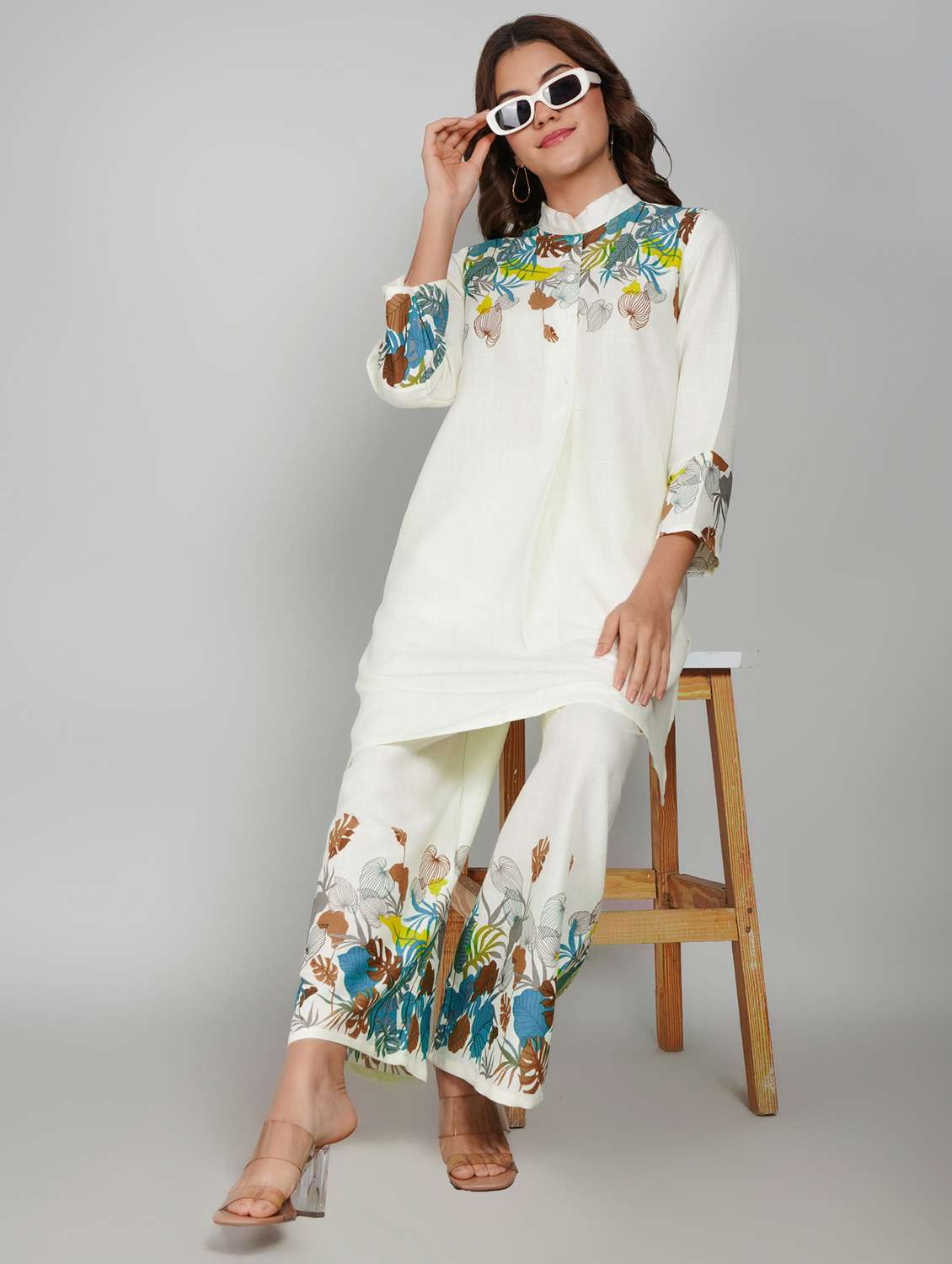 women printed three quarter sleeve ethnic co-ord set