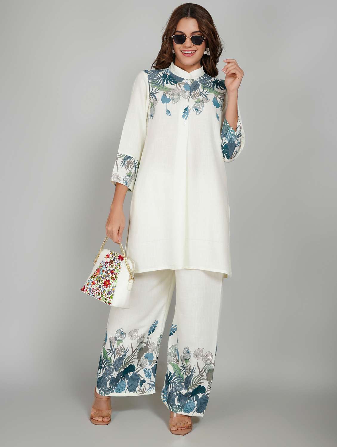 women printed three quarter sleeve ethnic co-ord set