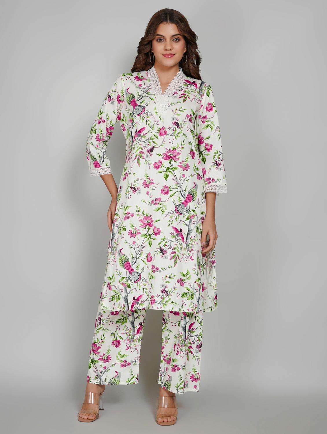 women floral printed three quarter sleeve kurta pant set - 22027447 -  Standard Image - 1
