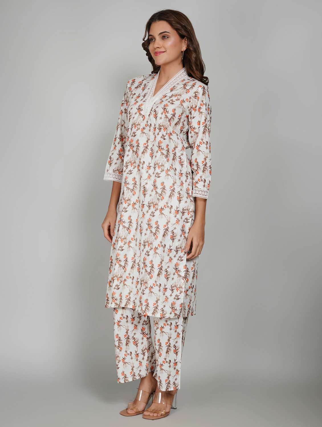 women floral printed three quarter sleeve kurta pant set - 22027448 - Standard Image - 1
