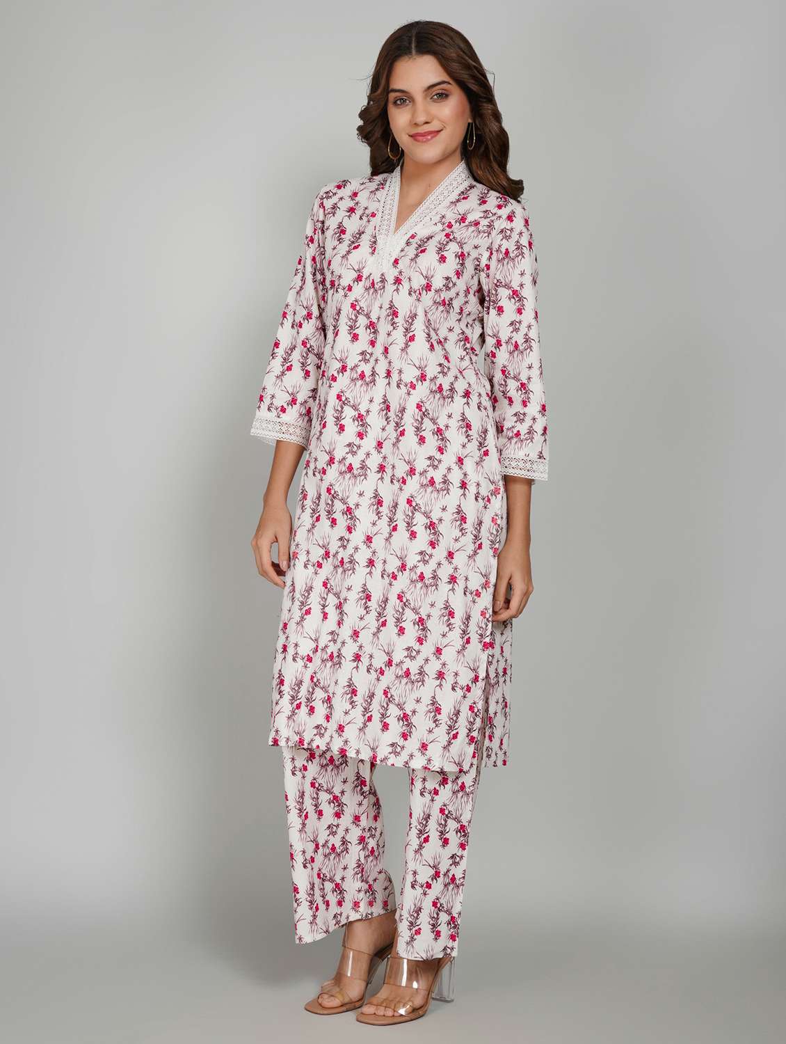 women floral printed three quarter sleeve kurta pant set - 22027449 -  Standard Image - 1