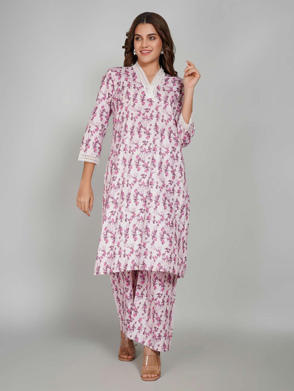 women floral printed three quarter sleeve kurta pant set - 22027450 - Standard Image - 1