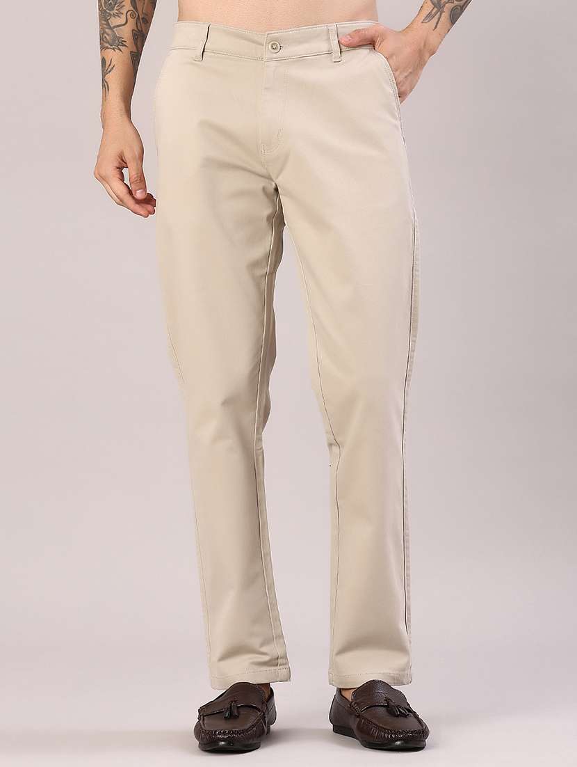 men solid mid rise flat front casual trouser