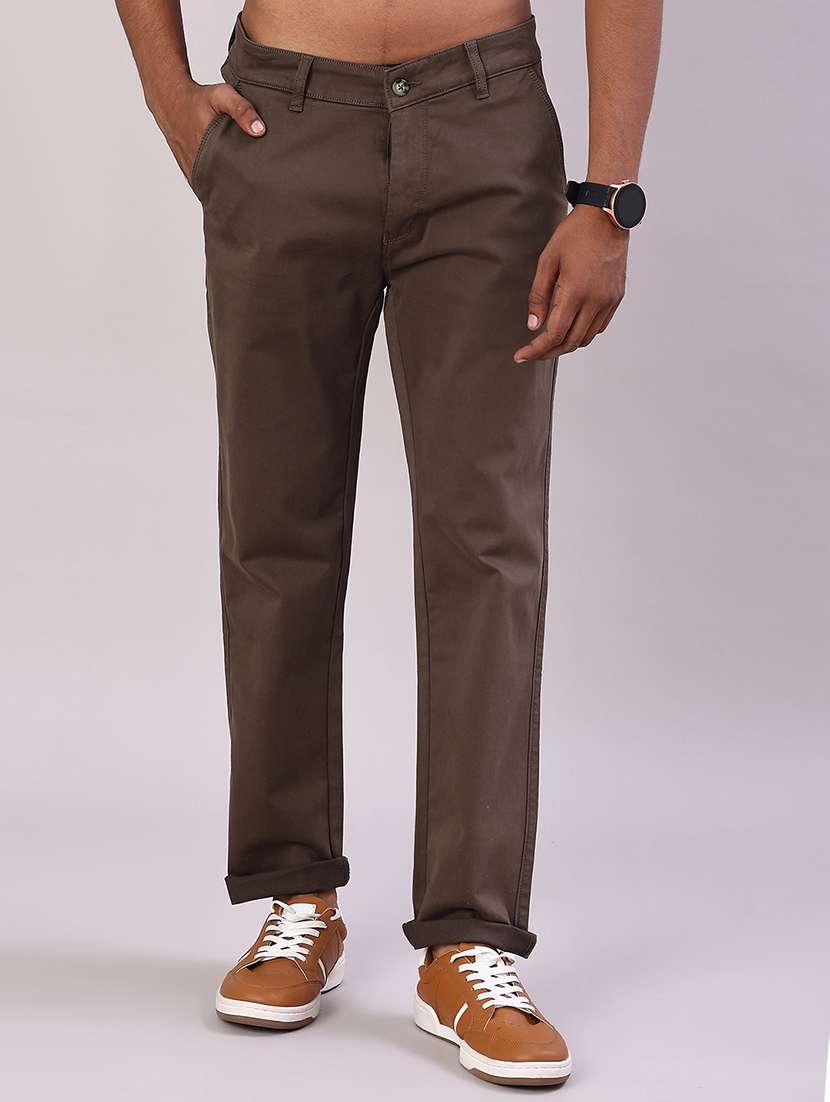men solid mid rise flat front casual trouser