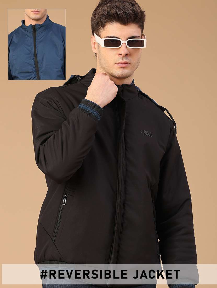 men solid long sleeve reversible bomber jacket