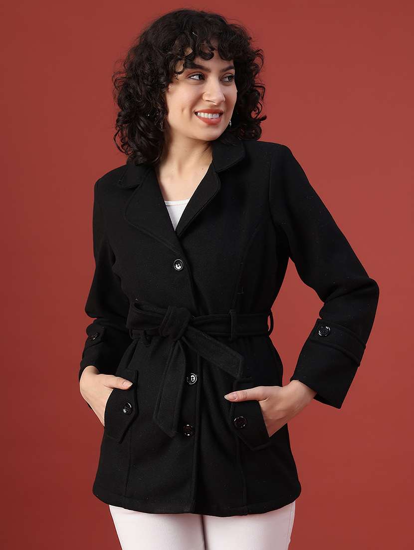 women solid lapel neck long sleeve regular coat - 22028269 -  Standard Image - 1