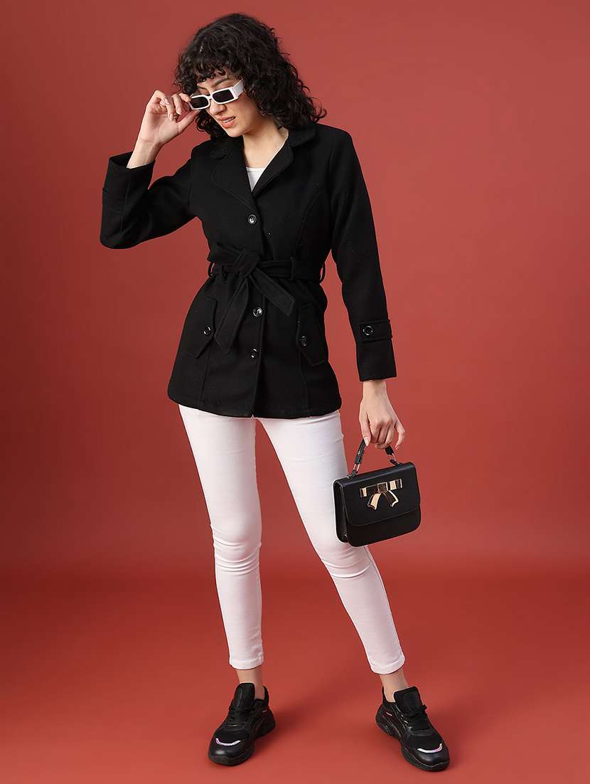 women solid lapel neck long sleeve regular coat - 22028269 -  Standard Image - 4