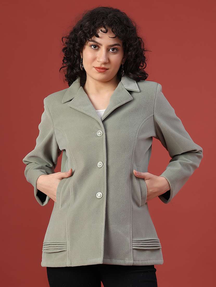 women solid lapel neck long sleeve regular coat - 22028270 -  Standard Image - 1