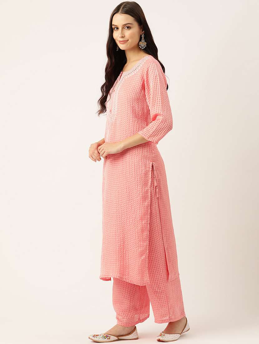 women checkered three quarter sleeve kurta pant set - 22028335 - Standard Image - 1