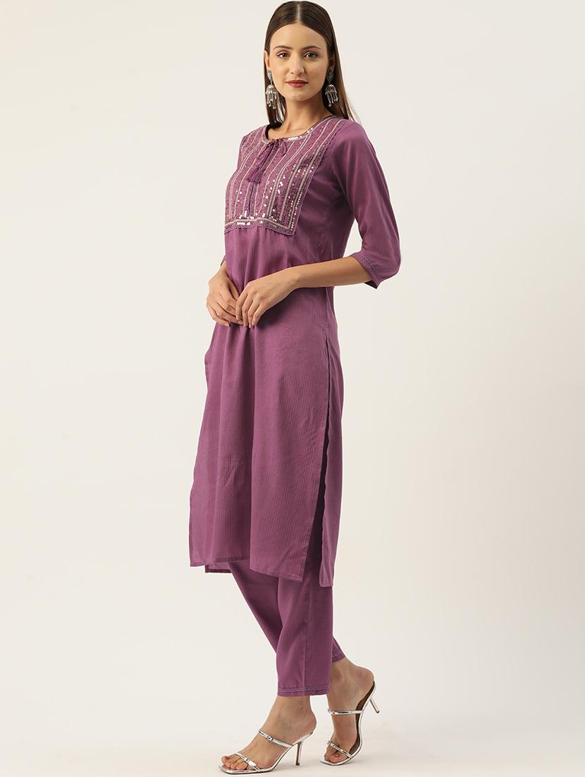 women solid with work three quarter sleeve kurta pant set - 22028338 -  Standard Image - 1