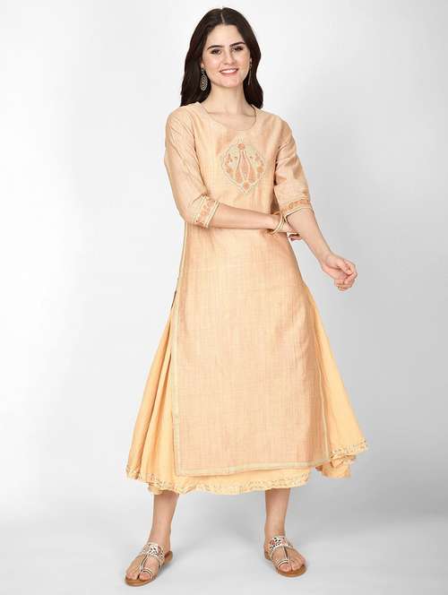 women beige three quarter sleeve ethnic dress - 22028343 -  Standard Image - 0